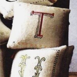 Anthropologie Decorative embroidered Pillow with Red Letter T -great kid decor